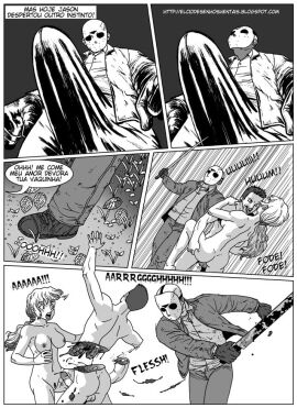 1girls 2boys bisected comic death erection_under_clothes female friday_the_13th gore hockey_mask human_death interrupted_sex jason_voorhees killing machete male male_death male_ryona penis ryona screaming straight translation_request