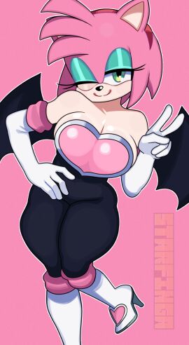 1girls 2024 alternate_breast_size alternate_costume amy_rose amy_the_bat big_breasts big_thighs blue_eyeshadow bodysuit breasts cleavage cosplay eyeshadow female female_only gloves green_eyes makeup peace_sign pink_background pink_hair png rouge_the_bat_(cosplay) sega sonic_(series) sonic_the_hedgehog_(series) starfinga winking winking_at_viewer