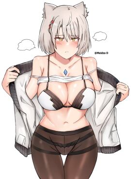 1girls absurd_res bare_shoulders black_legwear black_tights bra breasts cat_ears cat_girl catgirl core_crystal female highres jacket jacket_open large_breasts legwear meidza_d midriff mio_(xenoblade) neko nintendo short_hair silver_hair tank_top tank_top_lift thick_thighs thighs tights undressing white_bra wide_hips xenoblade_(series) xenoblade_chronicles_3 yellow_eyes