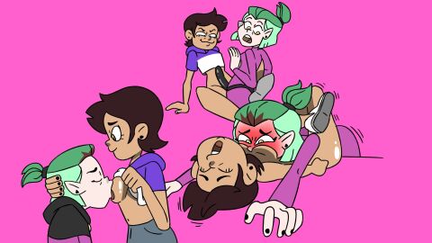 2girls amity_blight breast_sucking breasts brown_hair canon_couple clothing dark_skin disney disney_channel dominican female female_only green_hair hexside_uniform hispanic human humanoid interracial interspecies jones_boi latina licking_breast lifting_shirt luz_noceda motorboating multiple_females multiple_girls pale_skin red_face school_uniform sex_toy small_breasts straight_hair strap-on strapon the_owl_house tights tunic uniform witch yuri