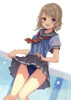 1girls ass_visible_through_thighs female grey_hair hajime_kaname love_live! love_live!_sunshine!! see-through see-through_clothing serafuku skirt_lift skirt_up solo swimsuit swimsuit_under_clothes thighs upskirt watanabe_you wet