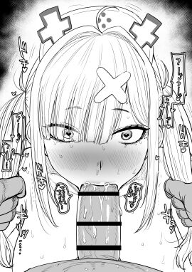 1boy absurdres ahoge anticipation asian asian_female bar_censor blush breasts censored cross_hat_ornament cum cum_in_mouth deepthroat erection eyes_visible_through_hair fellatio female grabbing_another's_hair grey_hair greyscale hair_ornament hair_over_one_eye hat heart heart-shaped_pupils highres holding_another's_hair irrumatio kaiman_garupan large_breasts long_hair looking_at_viewer male mole mole_under_each_eye mole_under_eye monochrome multiple_moles nijisanji nude nurse nurse_cap open_mouth oral penis pov pov_crotch rough_sex sex simple_background solo_focus straight sukoya_kana sukoya_kana_(1st_costume) sweat symbol-shaped_pupils twintails virtual_youtuber white_background x_hair_ornament