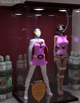 3d bondage bound bound_arms bound_legs brown_hair gatchaman jun_the_swan leotard mannequin pink_leotard thejpeger trophy_case