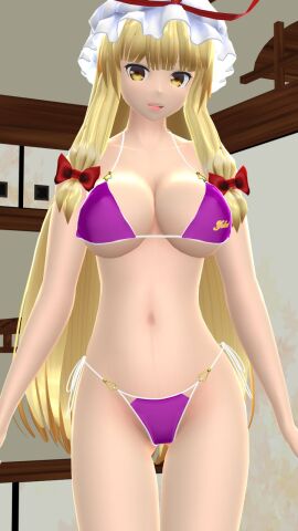 1girls 2023 3d belly_button bikini blonde-haired_female breasts clavicle cleavage female hati_yukkuri_mmd hips indoors interior_background light-skinned_female light_skin long-haired_female looking_at_viewer midriff mmd mob_cap open_mouth purple_bikini red_bowtie red_ribbon solo_female solo_focus swimsuit tied_hair touhou waist yellow_eyes youkai yukari_yakumo