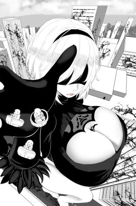 1girls android android_girl big_breasts black_blindfold black_hairband blindfold breasts city city_ruins female frown giantess hairband light-skinned_male light_skin machines macro male mole_under_mouth nier nier:_automata nier_(series) post-apocalyptic reaching_out robot robot_girl robot_humanoid ruins shoiichii size_difference thick_thighs thighs video_game_character white_hair yorha_2b