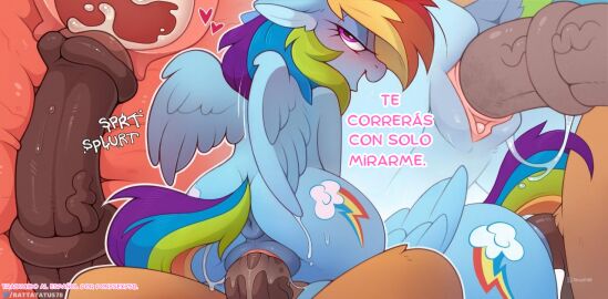 alternate_version anus ass balls bedroom_eyes blush clitoris close-up cowgirl_position cum cum_in_pussy cum_in_uterus dock doggy_style explicit female female_focus from_behind heart horsecock human_shoulders human_vagina_on_pony hybrid_vulva internal internal_cumshot looking_back male my_little_pony nudity pegasus penetration penis plot pony pussy rainbow_dash_(mlp) rattatatus78 sex solo_focus spanish spanish_text spread_wings tail text translated uterus vagina vaginal_creampie vaginal_penetration vaginal_secretions vulva wet wings x-ray