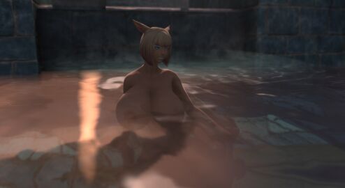1futa 3d bath bathing blonde_hair blue_eyes blue_eyeshadow blue_lipstick breasts eyeshadow final_fantasy_xiv futa_only futanari huge_breasts intersex large_breasts lipstick miqo'te n'lhautti_lhake_(vegeta002) naked original_character red_highlights slit_pupils tagme