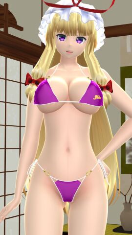 1girls 2024 3d belly_button bikini blonde-haired_female breasts cleavage female hand_on_hip hat hati_yukkuri_mmd headwear hips indoors interior_background jpeg light-skinned_female light_skin long-haired_female looking_at_viewer mmd mob_cap open_mouth purple_bikini purple_eyes red_bowtie red_ribbon solo_female solo_focus swimsuit touhou waist youkai yukari_yakumo