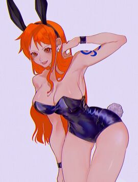 1girls arm_tattoo bare_legs bare_shoulders bare_thighs big_breasts blue_tattoo breasts bunny_ears bunny_tail bunnysuit clothed clothing color female female_focus female_only hi_res large_breasts light-skinned_female light_skin long_hair looking_at_viewer nami_(one_piece) one_piece orange-haired_female orange_eyes orange_hair post-timeskip shounen_jump siokosho_kinoko solo solo_female tagme tattoo thick_thighs