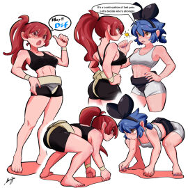 2girls amazu_(kurozu) athletic athletic_female bare_shoulders barefoot black_shirt blue_hair breasts catfight dif_(difman) female fit fit_female gloves hairbow highres jpeg mari_(amazu) midriff multiple_females multiple_girls original ponytail red_gloves red_hair rivalry rivals shirt sports_bra staredown sumo toned toned_body toned_female white_shirt