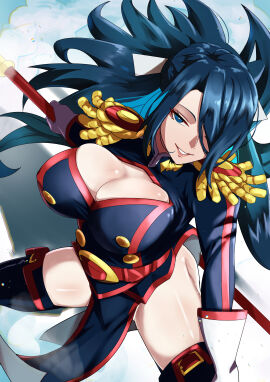 1girls 2024 2d 2d_(artwork) action_pose anti-demon_corps_uniform azuma_fubuki belt_buckle blue_eyes blue_hair breasts buckle cleavage clothed clothed_female female female_only hair_over_one_eye human human_only large_breasts long_hair looking_at_viewer mato_seihei_no_slave mature_female melee_weapon milf pelvic_curtain questionable smiling solo solo_female spear straight_hair thighhighs thighs weapon yamada_otonari yari_spear