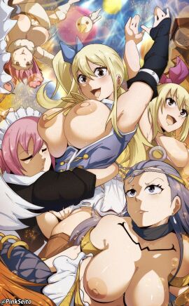 5girls aquarius_(fairy_tail) aries_(fairy_tail) arm_up armpits big_breasts black_tattoo blonde-haired_female blonde_hair blue-haired_female blue_eyes blue_hair blush breasts brown_eyes brown_high_heel_boots celestial_spirit chest_tattoo fairy_tail female footwear gemini_(fairy_tail) hair_between_eyes happy horns large_breasts long_hair lucy_heartfilia maid maid_headdress maid_uniform merfolk mermaid mermaid_girl multiple_females multiple_girls one_sleeve orphen_(pink_seito) pink-haired_female pink_hair pinkseito plue ponytail tattoo_on_chest tattooed_chest uncensored virgo_(fairy_tail)