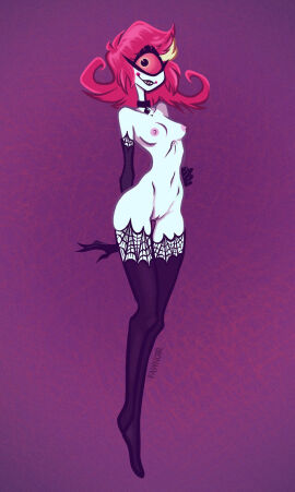 armwear boots breasts clothing collar cyclops demon demon_humanoid fawnoir female female_only footwear genitals hair hazbin_hotel hi_res humanoid legwear medium_breasts niffty nipples open_mouth open_smile pussy red_hair sharp_teeth smile solo teeth text thick_thighs third-party_edit white_body