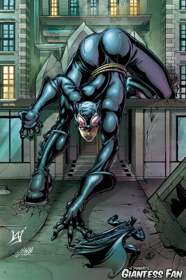 1boy 1girls 2012 arkham_asylum ass batman batman_(bruce_wayne) batman_(series) blue_eyes bruce_wayne catwoman catwoman_(arkham) dc dc_comics female giantess giantess-fan-comics gotham_city height_difference hero light-skinned_female light_skin male selina_kyle size_difference skin_tight skin_tight_suit superhero supervillainess thief villainess