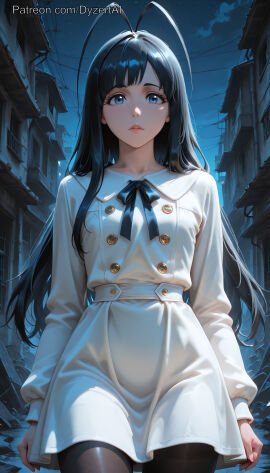 1boy 1femboy 2025 ai_generated black_hair black_legwear bleach blue_eyes crossdressing dyzertai femboy girly giselle_gewelle long_hair looking_at_viewer night otoko_no_ko outdoors patreon_username self_upload solo thighhighs