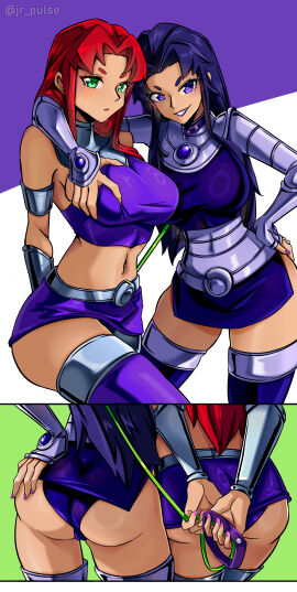 2girls alien_girl alien_humanoid armwear belly_button big_breasts black_stockings blackfire breast_grab breasts clothing collar dc dc_comics female fingernails grabbing_breasts green_eyes high_resolution incest jrpuls3 leash lesbian long_hair midriff multiple_females multiple_girls pet pink_fingernail_polish pink_fingernails purple_eyes purple_fingernail_polish purple_fingernails purple_hair purple_stockings red_hair short_skirt signature skirt sleeveless smile starfire stockings tagme teen_titans teenager text yuri