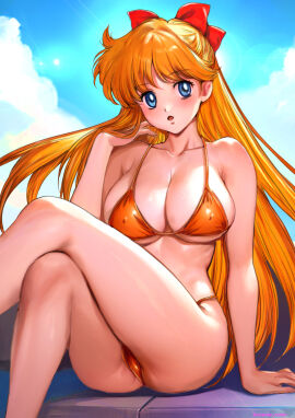 1girls bikini bishoujo_senshi_sailor_moon blonde_hair blue_eyes bow breasts cleavage female hair_ribbon huge_breasts large_breasts long_hair minako_aino oyaman sitting swimsuit voluptuous