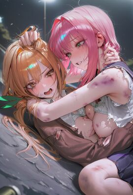 2girls ai_generated cerberus_(the_artist) fight kimi_no_koto_ga_dai_dai_dai_dai_daisuki_na_100-nin_no_kanojo sisters