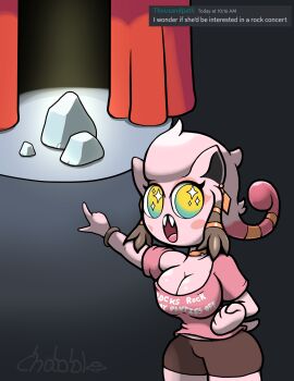 after_transformation breasts chabble cleavage female fusion large_breasts paradox_pokemon pink_body pink_hair pointing pokegirl_as_pokemon pokemon pokemon_(species) pokemon_sv pokemorph pokémon_(species) post-transformation professor_sada_(pokemon) puns rock rocks scream_tail stage transformation visual_pun