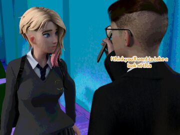 1boy 1girls 3d 4:3 asymmetrical_hair blackmail blonde_hair blue_eyes comic comic_page dialogue female gwen_stacy light-skinned_female light-skinned_male light_skin male marvel marvel_comics petite phone questionable_consent school school_uniform schoolgirl skirt spider-gwen spider-man_(series) superhero superheroine surprised teenager whatsupjimmy