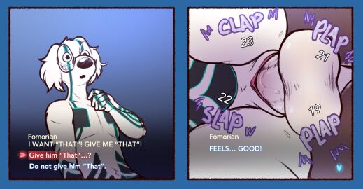 2021 anthro arin_(daxhush) balls bodily_fluids borzoi bottomwear bovid canid canine canis caprine clothing colored comic cuntboy cuntboy/male damage_numbers daxhush demi-fiend demon dialogue dialogue_box digital_drawing_(artwork) digital_media_(artwork) domestic_dog duo english_text eyewear fomorian_(megami_tensei) from_behind_position gameplay_mechanics genital_fluids genitals glasses hi_res humanoid_genitalia humanoid_pussy hunting_dog intersex intersex/male low-angle_view male mammal onomatopoeia penetration penile penile_penetration penis pussy sex sheep sighthound sound_effects surprised_expression tattoo text vaginal_fluids vaginal_penetration worm's-eye_view