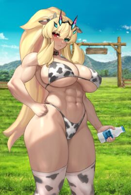 1girls 2024 abs bare_shoulders barghest_(gawain)_(fate) big_breasts bikini bikini_bottom bikini_top blonde_hair blush blush_lines breasts cleavage clothed clothed_female clothing collar cow_ears_headband cow_headband cow_print cow_print_bikini cow_print_stockings fate/grand_order fate_(series) female female_only green_eyes hand_on_hip hand_on_own_hip heterochromia holding_bottle leather_collar light-skinned_female light_skin long_hair long_ponytail midriff milk_bottle muscular muscular_abdomen muscular_abs muscular_arms muscular_female muscular_legs navel ponytail raskasar red_eye revealing_clothes sideboob skimpy_clothes solo solo_female stockings thick_thighs underboob voluptuous voluptuous_female wide_hips