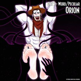 1boy abs armpit arms_behind_back arms_behind_head bara explorer feet feet_fetish feet_focus flushed flushed_face flustered flustered_male foot_fetish foot_focus galaxy gay hairy_armpits hands_behind_head hat just_dance just_dance_2022 laughing lifted_arms male male_feet male_feet_fetish male_foot_fetish male_only moustache naked naked_male nipple_play no_sex nude nude_male orion_(just_dance) patreon_reward patreon_url revealyoursins scarf six_pack soles solo solo_male steamy_feet tentacle tickling yaoi