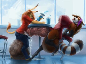 absurd_res ailurid animal_genitalia animal_penis anthro asinus balls balls_expansion big_balls big_breasts big_penis biped bodily_fluids bottomwear breasts canid canine chair clothing container cum cum_exchange cum_in_penis cum_inside cup denim denim_bottomwear denim_clothing donkey dress drinking duo equid equine equine_genitalia equine_penis erection erection_under_clothing expansion eyewear furniture genital_expansion genital_fluids genitals glasses gynomorph gynomorph/male herm_(lore) hi_res hooves huge_balls huge_breasts huge_cock hyper hyper_balls hyper_genitalia hyper_penis ineffective_clothing intersex intersex/male jeans julmara_(character) male mammal nib-roc orgasm pants pawpads penetration penile penile_penetration penis pink_pawpads public raccoon_dog red_panda side_view sitting table tanuki tongue tongue_out under_the_table urethral urethral_penetration vein veiny_balls veiny_penis