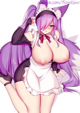 animal_ear_fluff animal_ears breasts breasts_out female foxykuro kemonomimi kuro_(foxykuro) maid nipples one_eye_obstructed original_character purple_hair