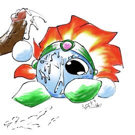 blue_body burning_leo cum cum_on_face dick fire_hair kirby_(series) kirby_star_allies laying_down male penis rocky_hill thick_thighs