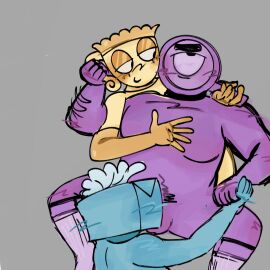 1_eye 1boy 2girls between_thighs blowjob blue_skin chubby_male collars dandy's_world double_team eyes_half_open female holding_hands male naked naked_female naked_male object_head opera_gloves purple_skin reach_around roblox rodger_(dandy's_world) sock_garters teagan_(dandy's_world) threesome tisha_(dandy's_world) touching_chest vanergosum yellow_skin