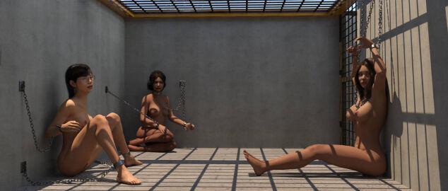 3d 3girls ankle_cuffs arms_above_head barefoot black_hair bondage breasts brown_hair chained chained_to_wall chains collar completely_nude cuffs evan_(fantasytubasa) fantasytubasa female female_only femsub glasses leash multiple_females multiple_girls multiple_subs nude nude_female original shackles wrist_cuffs