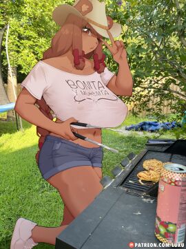 1girls anthro barbecue bear bear_girl beau_(luxurias) big_breasts breasts brown_body brown_eyes brown_hair detailed_background female hair_ribbon hi_res huge_breasts jean_shorts long_hair looking_at_viewer luxurias nipples real_background short_shorts sidelocks t-shirt text thick_thighs v_sign wink winking_at_viewer