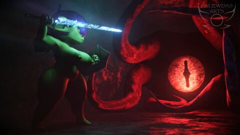 16:9 3d_(artwork) 4_toes areola ass belly bevor big_breasts big_butt big_ears biped breasts digital_media_(artwork) enna_(palewdasarts) fantasy feet female female_humanoid fingers genitals goblin goblin_female green_body hair hi_res holding_object holding_weapon humanoid knight melee_weapon monster nails nipples palewdas_arts palewdasarts_(modeler) pubes purple_eyes purple_hair shield short_stack shortstack slightly_chubby solo sword tagme4_fingers thick_thighs toenails toes tools vulva warrior weapon