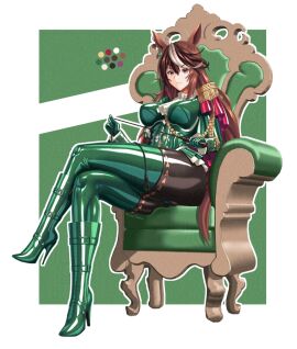 adapted_costume aiguillette animal_ears ascot black_pantyhose boots breasts brown_hair cape chair closed_mouth color_guide crossed_legs earrings epaulettes female frills full_body gloves gold_trim green_background green_jacket hair_between_eyes high_heel_boots high_heels highres holding holding_riding_crop holding_whip horse_ears horse_girl horse_tail jacket jewelry large_breasts long_hair long_sleeves looking_at_viewer multicolored_hair pantyhose purple_eyes riding_crop single_earring single_epaulette sitting smile solo streaked_hair symboli_rudolf_(umamusume) tail thigh_boots thighhighs throne tomahawk_(nagarebosi8492) umamusume very_long_hair whip white_hair