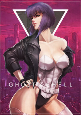 1girls asian asian_female belt big_breasts breasts breasts_out brown_eyes cybernetics cyborg female female_only functionally_nude ghost_in_the_shell highres jacket kusanagi_motoko large_breasts leotard light-skinned_female light_skin monorirogue nude pinup pinup_pose poster purple_hair pussy short_hair shoulders solo text