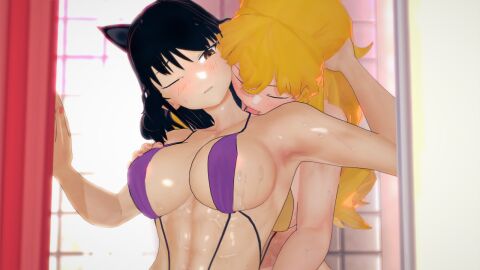 2girls black-haired_female black_hair blake_belladonna blonde_female blonde_hair cat_ears female multiple_females multiple_girls nude nude_female rwby stormstriker wet_body yang_xiao_long yellow_eyes