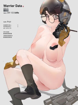 2024 alternate_version alternate_version_at_source anya_(wibber_rose) battletech big_breasts boots breasts brown_hair cigarette collarbone commission dark_hair female functionally_nude glasses gloves grey_eyes gun helmet mechwarrior nipples original_character polilla puffy_nipples scar_across_nose scar_on_nose short_hair stats tagme thighs white_background wibber_rose