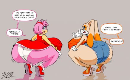 2girls aged_up amy_rose anthro ass bandana bandana_on_neck bracelet breasts brown_eyes bunny conversation cream_the_rabbit daisy_dukes dress english female female_focus female_only furry gloves green_eyes hairband hedgehog hedgehog_humanoid heels hippycore hips lagomorph lagomorph_humanoid large_ass large_breasts nipple_bulge panties pink_fur pink_hair rabbit sega shorts sideboob sonic_(series) sonic_the_hedgehog_(series) squatting tan_fur text text_bubble thick_thighs thighs underwear