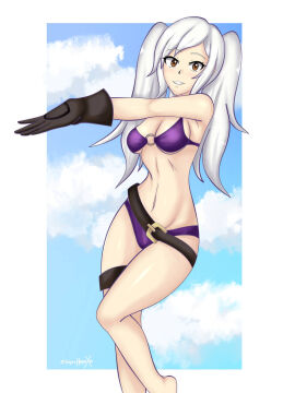 1girls belt bikini breasts brown_eyes clouds female fire_emblem fire_emblem_awakening gloves large_breasts looking_at_viewer midriff navel nintendo o-ring o-ring_bikini o-ring_swimsuit outside purple_bikini purple_swimsuit robin_(fire_emblem) robin_(fire_emblem)_(female) sky sonicheroxd swimsuit twintails white_hair