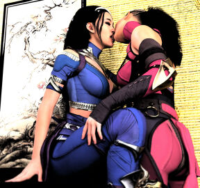 2girls 3d black_hair closed_eyes crown dark_hair female female_only fit_female french_kiss fully_clothed hand_on_thigh head_tilt implied_incest incest kissing kitana licking licking_lips light-skinned_female light_skin mileena mortal_kombat mortal_kombat_1_(2023) netherrealm_studios older_sister_and_younger_sister open_mouth painting princess rayalterego23 royalty sister_and_sister sisters sitting tongue tongue_kiss tongue_out tongue_to_tongue twincest twins yuri