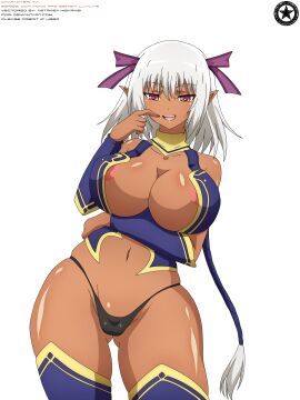 1girls 2021 absurd_res akiranyo arm_warmers artist_logo artist_name breast_window breasts cameltoe character_name crotch_bulge dark-skinned_female demon english_text exposed_clothing female female_only goddess nipple_slip ochi_mono_rpg_seikishi_luvilias open_topwear pointy_ears purple_clothing purple_eyes purple_hair_ribbon purple_hair_tie pussy rat_tail_(hairstyle) screencap text thigh-highs thong tia_(ochi_mono_rpg_seikishi_luvilias) transparent_background vector_trace white-haired_female work_name