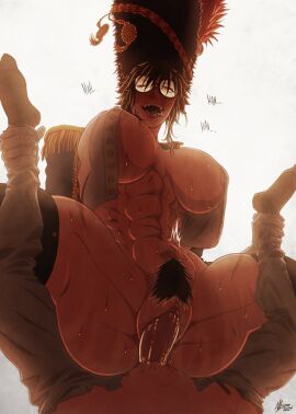 1boy 2d 2d_(artwork) abs amazon_position areolae army_uniform ass belt big_ass big_breasts big_penis breasts bright_background brown_hair bushy_pubes charlotte_(nr4ces) female glasses gloves hands_on_legs hat highres larger_female light-skinned_female light_skin long_hair long_sleeves looking_at_viewer looking_down male muscular muscular_female nipples nr4ces nude one_eye_closed open_clothes pants penis ponytail pubes pussy sex sharp_teeth shoes stronger_female sweat sweaty_body thick_thighs thighs tongue tongue_out vaginal_fluids vaginal_penetration vaginal_sex