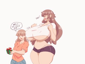2girls animated animated_gif ass_expansion before_and_after body_growth body_growth_(enlargement) breast_expansion breast_growth breast_growth_(enlargement) breasts christmas explosion female female_only giantess giantess_vore gift gigantification glasses growth heart huge_breasts hyper hyper_breasts large_female long_hair macro mini_giantess n647 nipple_bulge original original_character size_difference size_transformation smile surprised thick_thighs torn_clothes transformation wide_hips