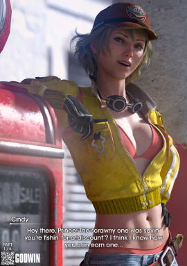 1girls 3d abdomen athletic athletic_female belly belly_button blonde_hair bra caption cindy_aurum clothed female final_fantasy final_fantasy_xv gloves godwin goggles green_eyes hat jacket jacket_open looking_at_viewer mechanic neroxliv open_clothes pale_skin realistic subtitled talking tomboy
