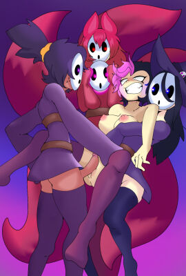 black_hair breasts faetomi futanari glowing glowing_eyes hypnosis hypnotic_accessory intersex mask mind_control multicolored_hair multiple_subs nipples penis possession purple_hair red_hair resisting shy_guy_mask tail topless