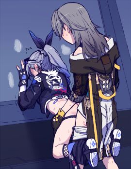 1futa 1girls bent_over blush bottomless clothed clothing duo eyewear_on_head female fingerless_gloves fishnets futa_on_female futanari gloves grey_hair honkai:_star_rail honkai_(series) human intersex jacket light-skinned_female light-skinned_futa light_skin long_hair medium_hair partially_clothed ponytail sex sex_from_behind shirt shoes silver_wolf_(honkai:_star_rail) standing stelle_(honkai:_star_rail) sweat torinone