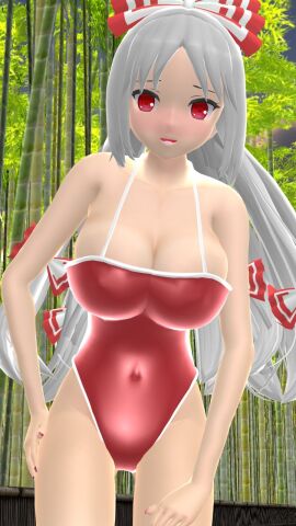 1girls 2023 3d adult_female bamboo belly_button bending_forward blush breasts cleavage female fujiwara_no_mokou hati_yukkuri_mmd human light-skinned_female light_skin long-haired_female looking_at_viewer mmd open_mouth outdoors red_eyes red_swimsuit ribbons solo_female solo_focus sunset swimsuit touhou white-haired_female