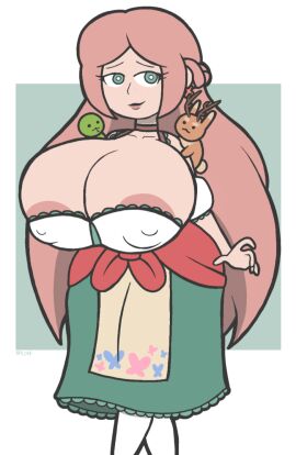 aplovestudio areola_slip breasts clothed female gigantic_breasts green_dress huge_breasts huge_nipples jackalope long_hair looking_at_viewer original_character pink_hair snake