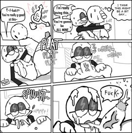 bedroom_eyes blowjob comic_page comic_panel comic_strip cum cum_drip cum_in_mouth cum_on_face deepthroat el_sick english_text femboy gay_blowjob gay_sex grey_skin looking_at_partner looking_at_viewer male male_focus male_only nerd smiling speech_bubble speech_bubbles tagme_(character)